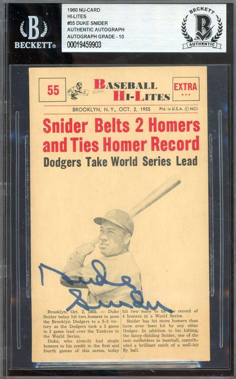 Duke Snider Gem Mint 10 Beckett BAS Signed 1960 Nu-Card Hi-Lites Autograph