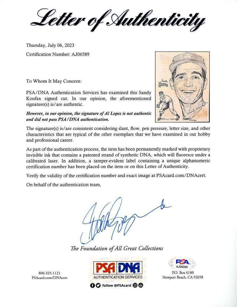 Sandy Koufax PSA DNA Signed Vintage 6x8 Photo Autograph Dodgers
