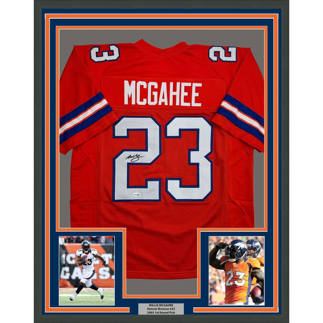 Framed Autographed/Signed Willis McGahee 35x39 Denver Retro Jersey JSA COA