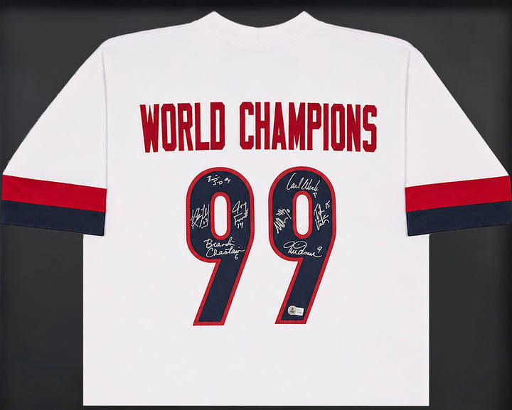 1999 USA Women's Soccer WC Champs Signed Framed White Jersey 8 Sigs BAS Witness