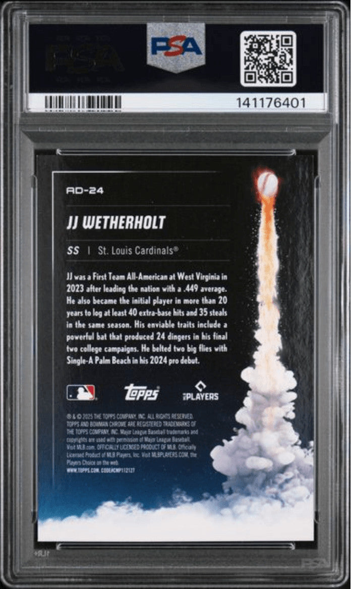 Graded 2025 Bowman Chrome JJ Wetherholt #AD24 Adios RC Baseball Card PSA 10