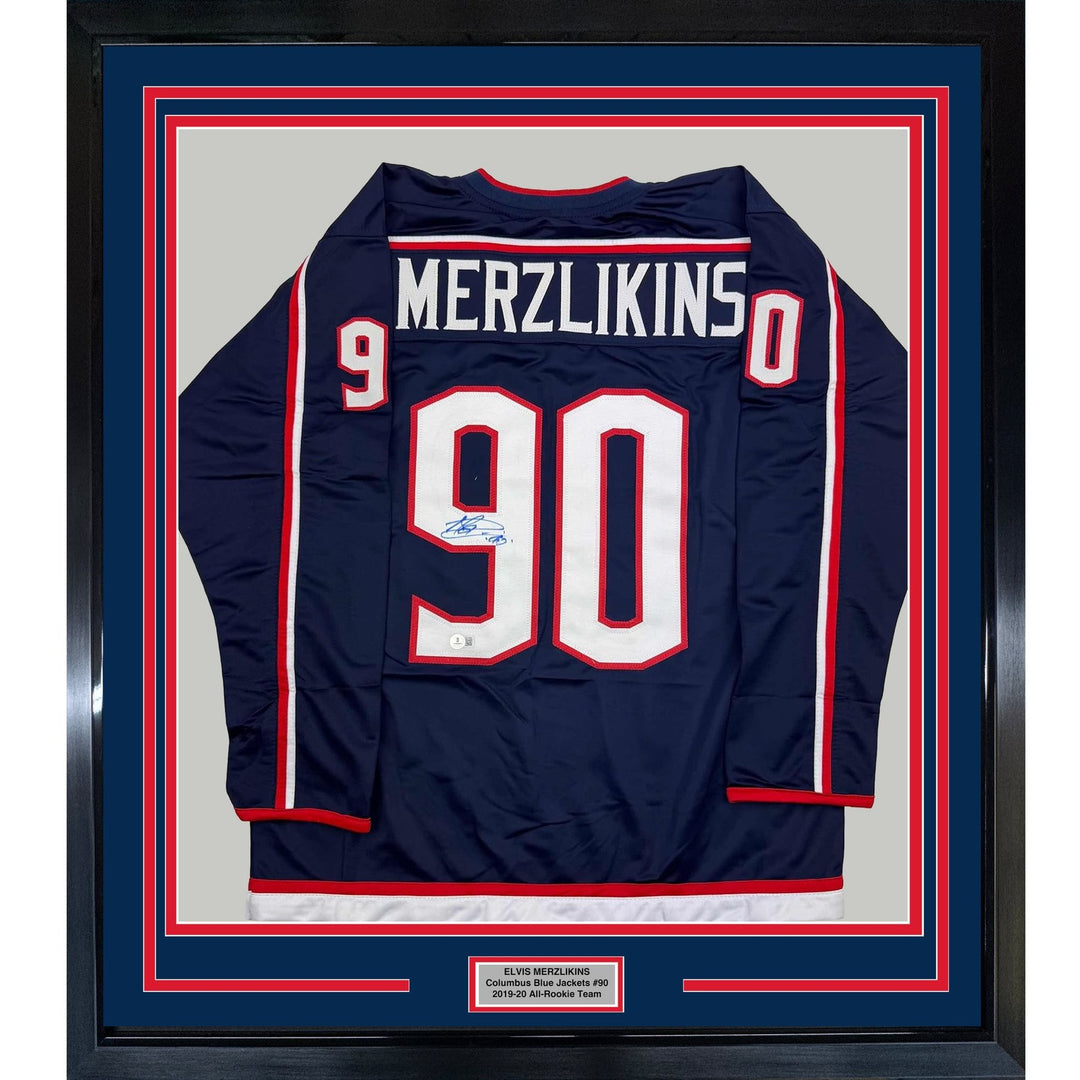 Framed Signed Elvis Merzlikins 35x39 Columbus Blue Jersey BAS COA