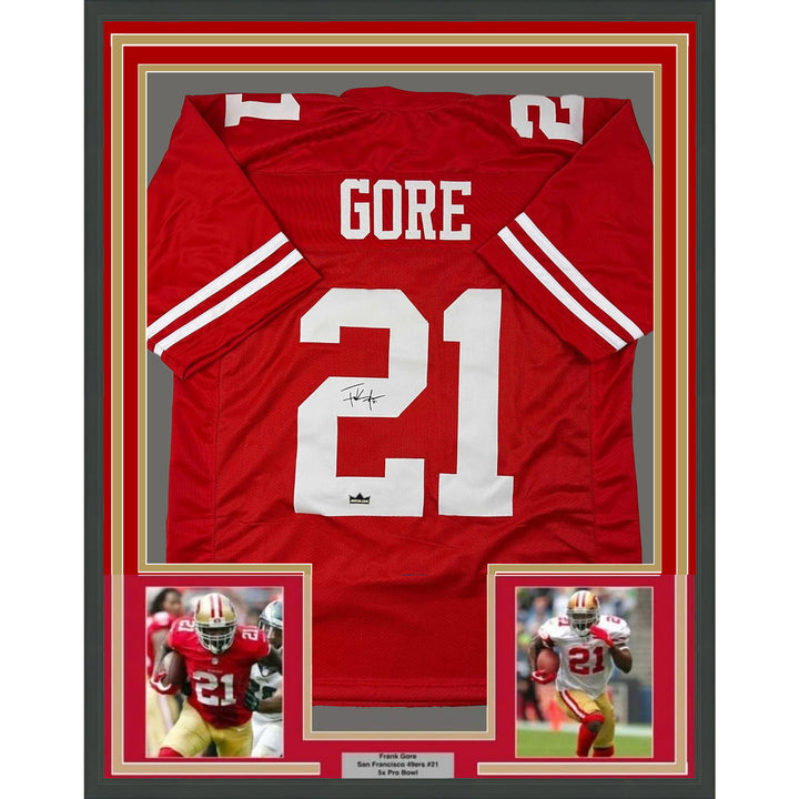 Framed Facsimile Autographed Frank Gore 35x39 San Francisco Red Reprint Jersey