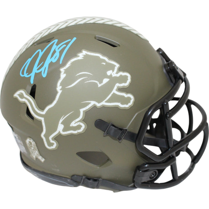 Calvin Johnson Autographed Detroit Lions 2022 Salute Mini Helmet Beckett 47641