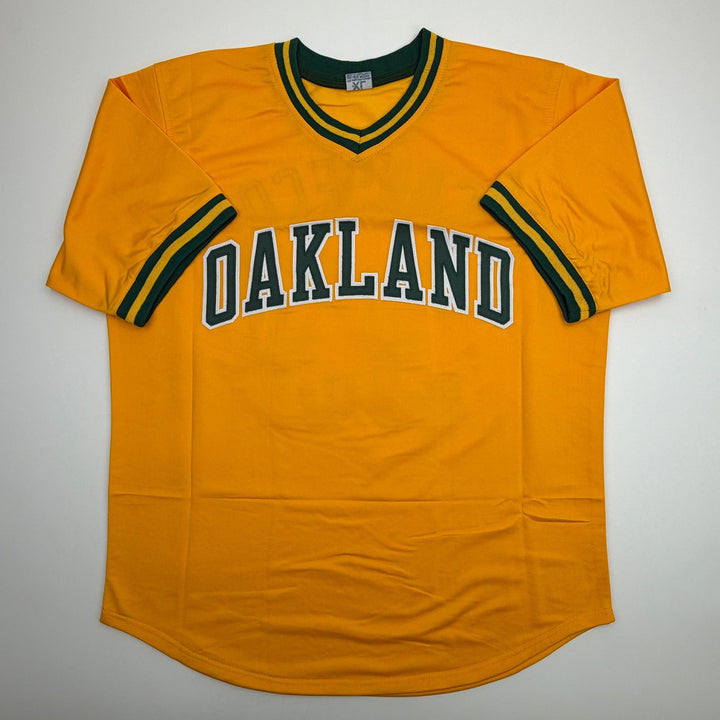 Autographed/Signed JOSE CANSECO Oakland Yellow Baseball Jersey JSA COA Auto