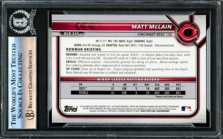 Matt McLain Auto 2022 1st Bowman Chrome RC BCP245 Reds MLB Debut 5/15/23 Beckett