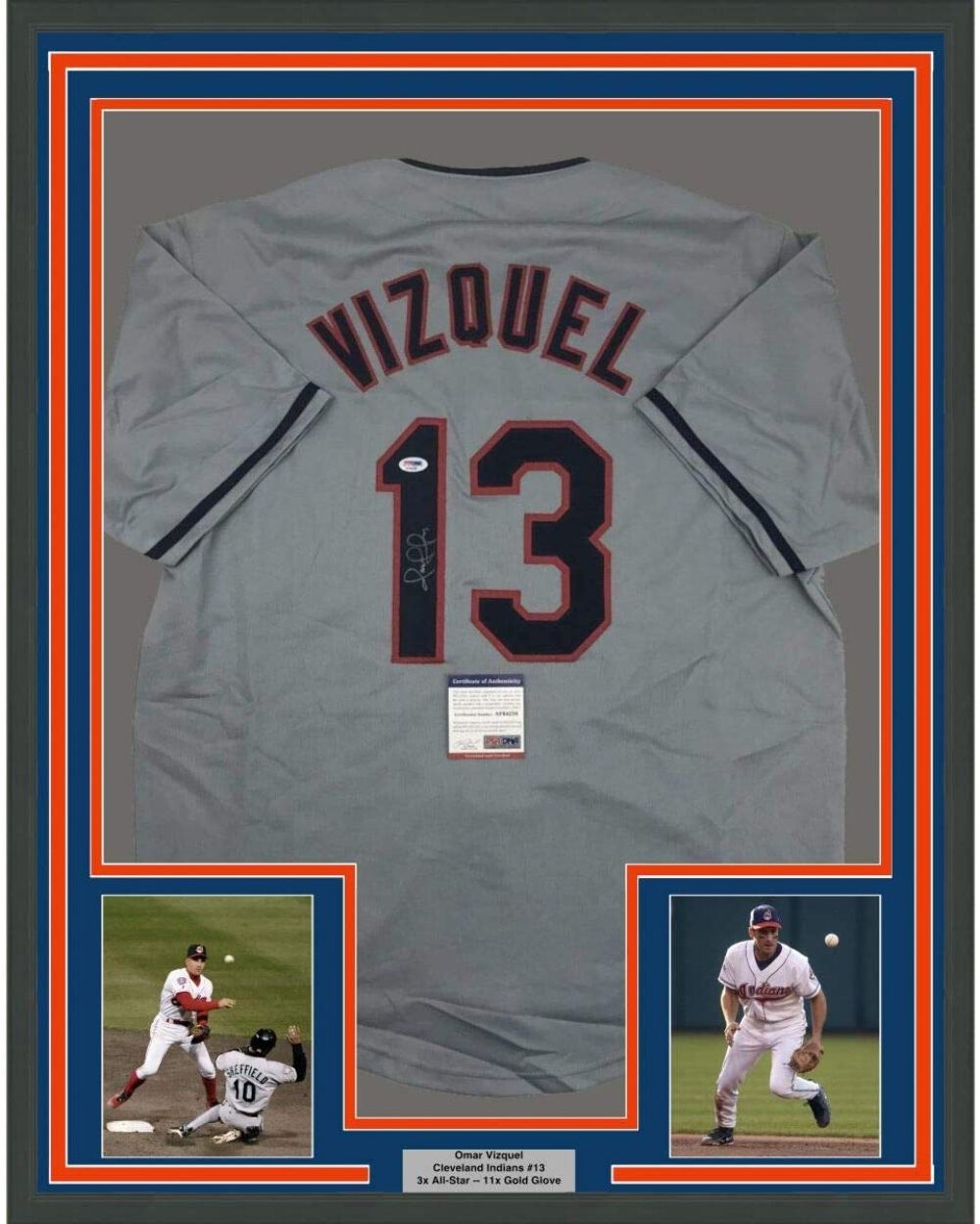 FRAMED Autographed/Signed OMAR VIZQUEL 33x42 Cleveland Grey Jersey PSA/DNA COA
