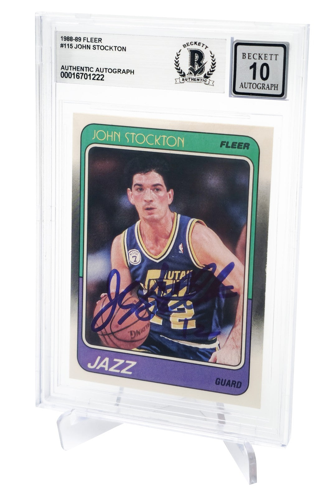John Stockton Signed 1988-89 Fleer RC 115 Utah Jazz Auto GM 10 Beckett
