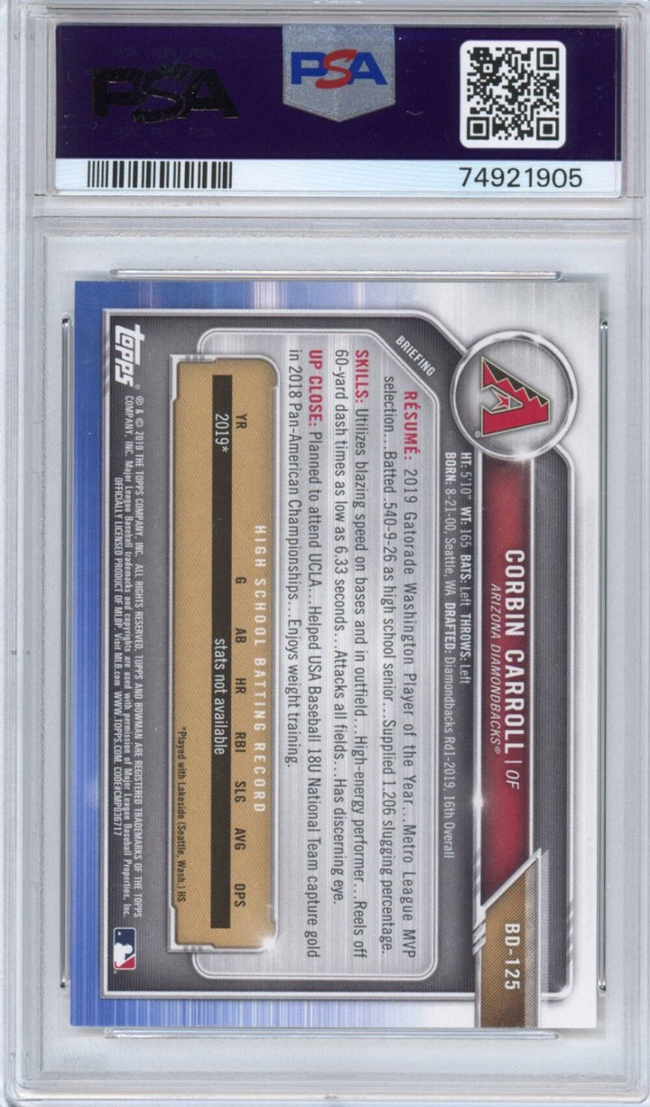 Graded 2019 Bowman Draft Corbin Carroll #BD125 Rookie RC Card PSA 10 Gem Mint