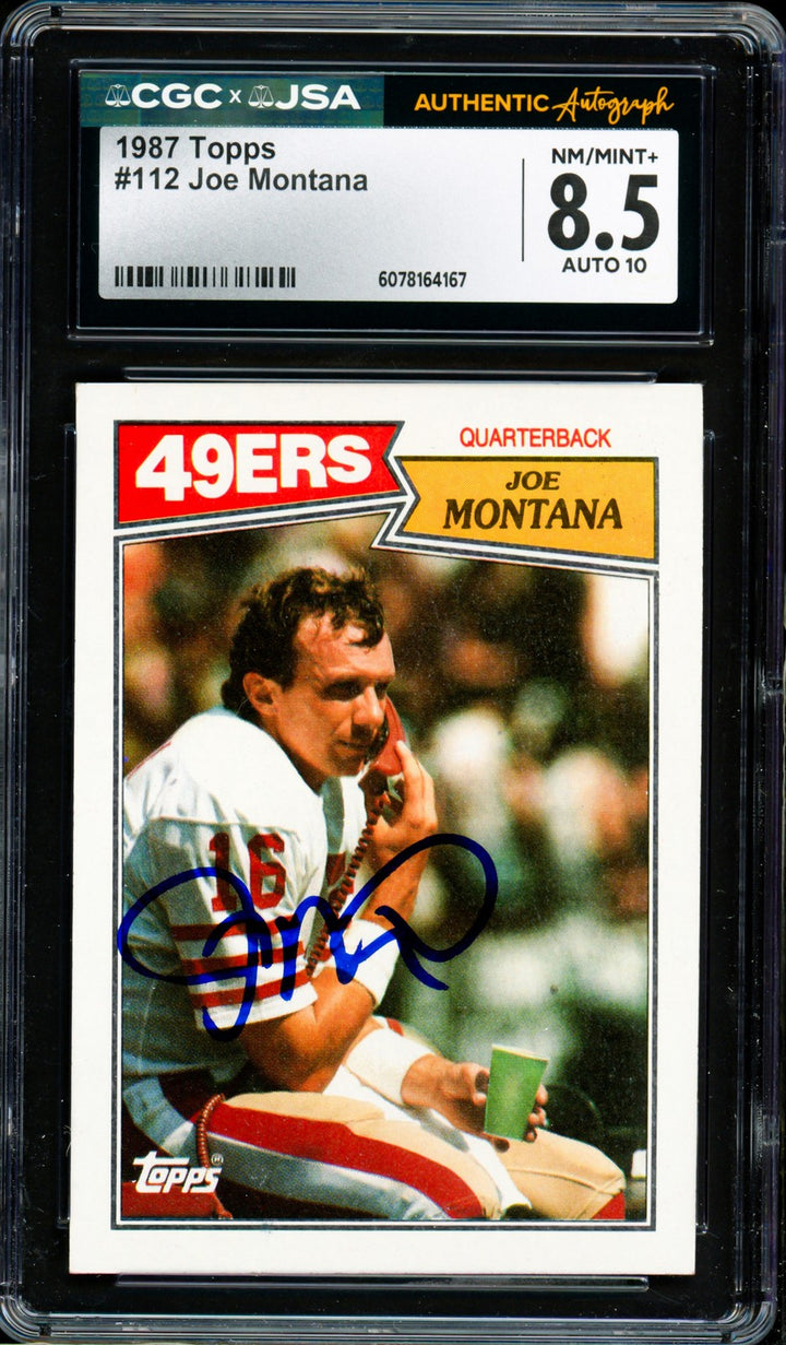 Joe Montana Signed 1987 Topps Card 112 49ers Grade 8.5 Auto GM 10 CGC x JSA