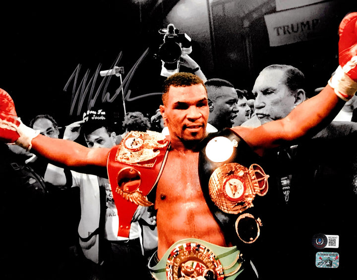 Mike Tyson Signed 11x14 Photo With Belts Beckett BAS