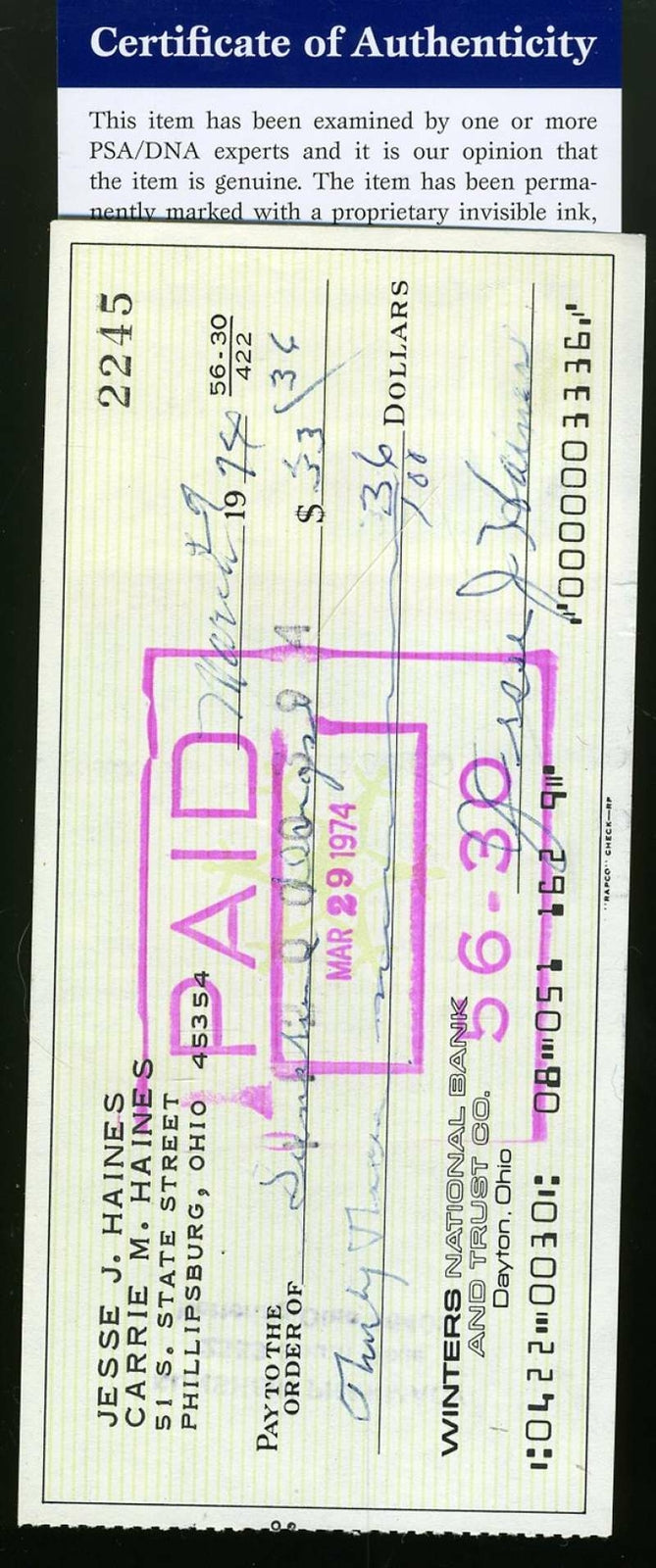 Jesse Haines Psa Dna Autograph  Check Hand Signed