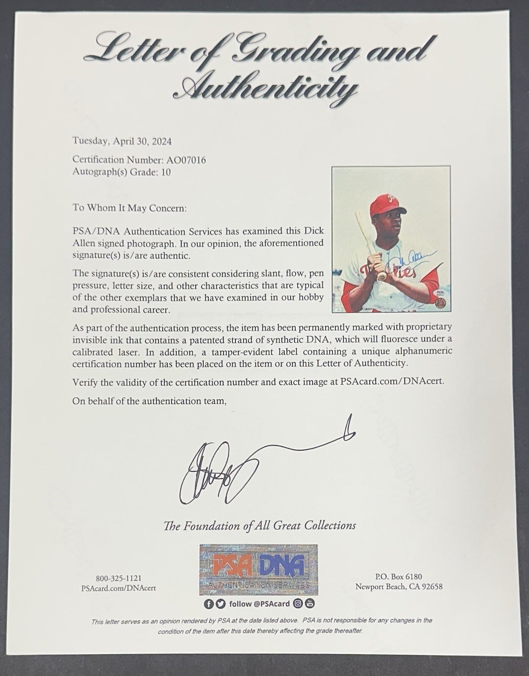 Dick Allen Signed 8x10 Framed Photo Phillies PSA 10 Gem Mint Autograph LOA HOF