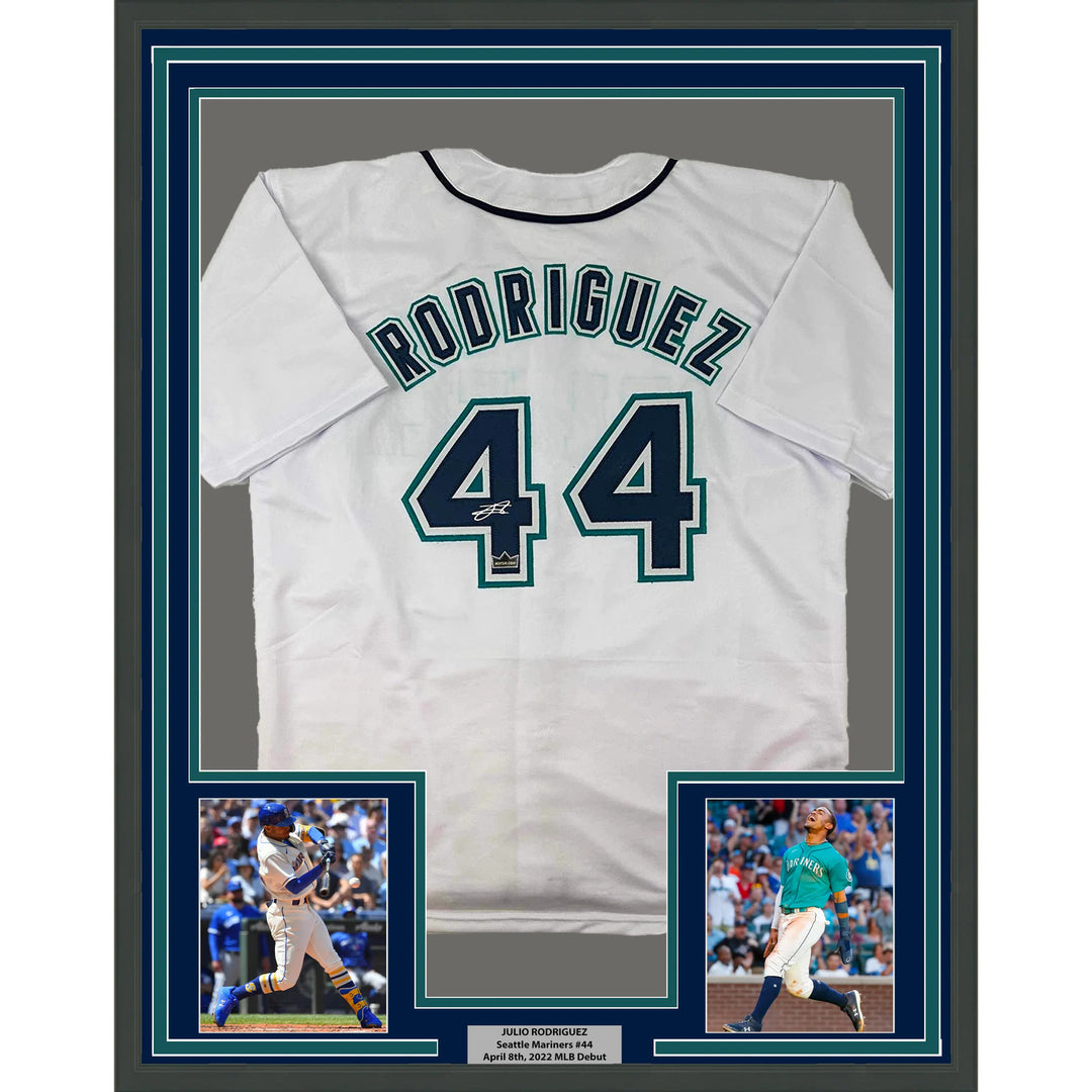 Framed Facsimile Autographed Julio Rodriguez 33x42 Reprint Laser Auto Jersey