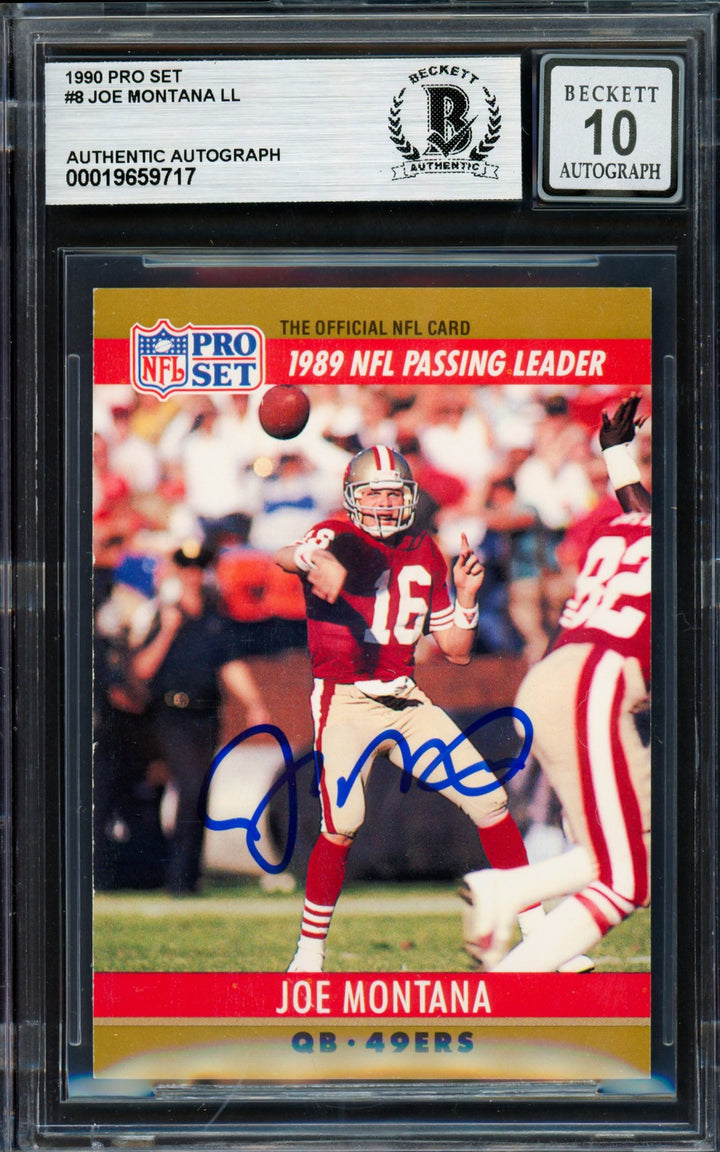 Joe Montana Signed 1990 Pro Set Card 8 San Francisco 49ers Auto GM 10 Beckett