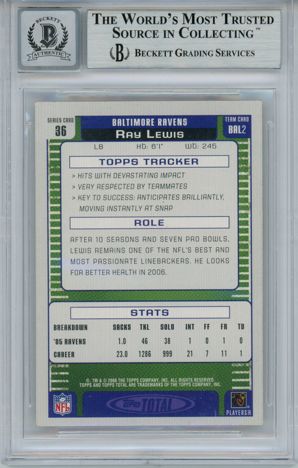 Ray Lewis Signed 2006 Topps Total Gold #36 Trading Card Beckett 10 Slab 35249