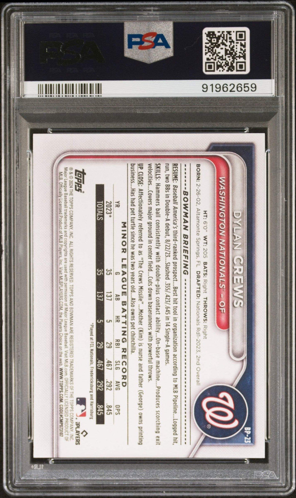 Graded 2024 Topps Bowman Dylan Crews #BP23 Paper Prospects Baseball Card PSA 10