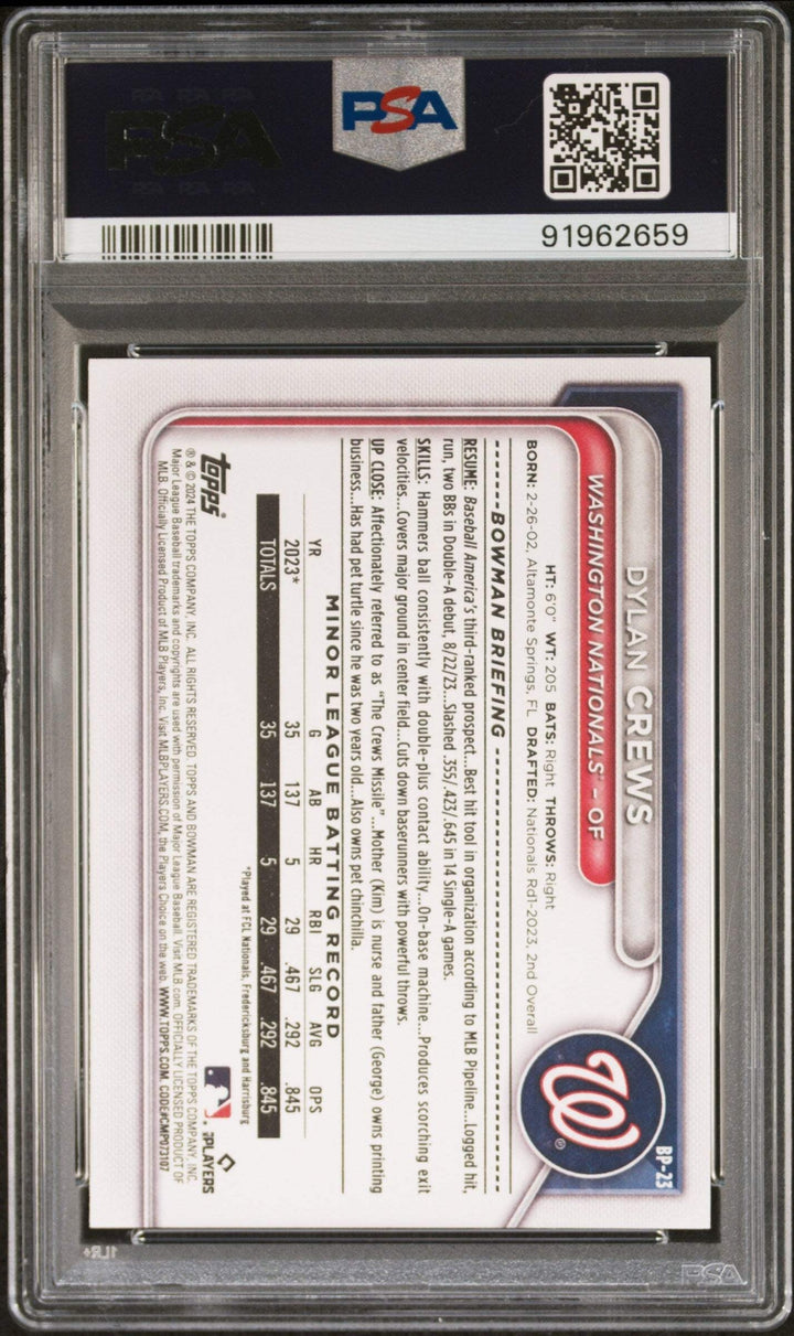 Graded 2024 Topps Bowman Dylan Crews #BP23 Paper Prospects Baseball Card PSA 10