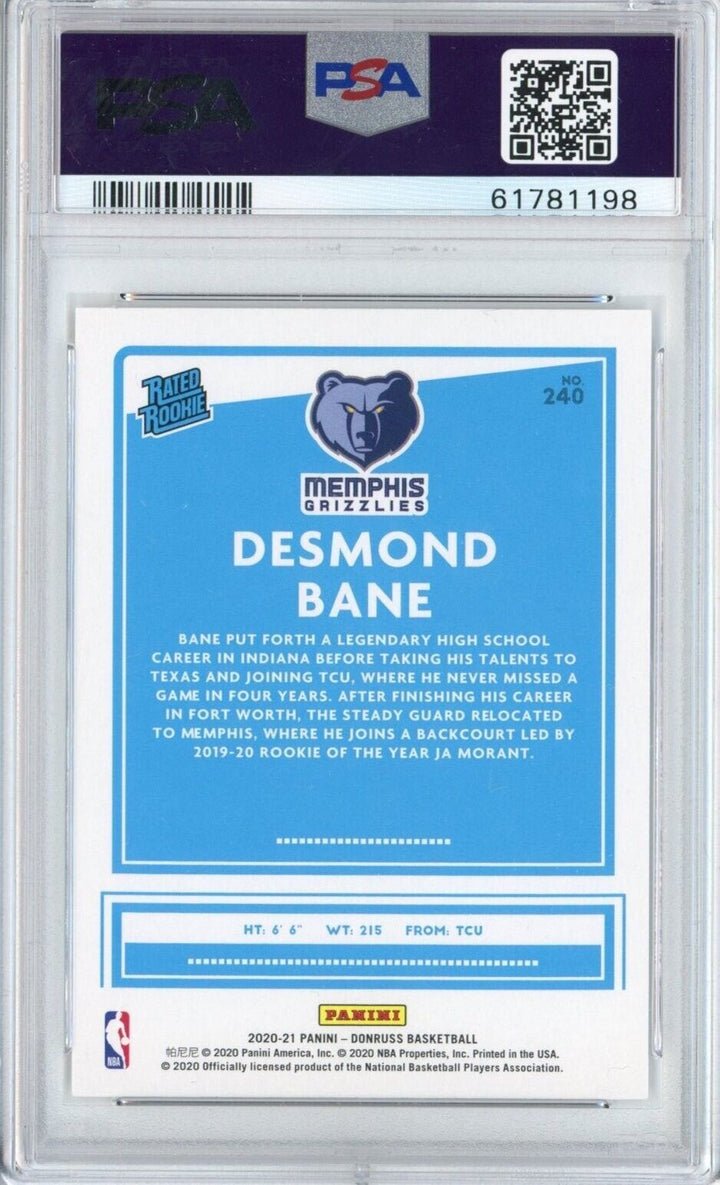 Graded 2020-21 Panini Donruss Desmond Bane #240 Rookie RC Basketball Card PSA 10