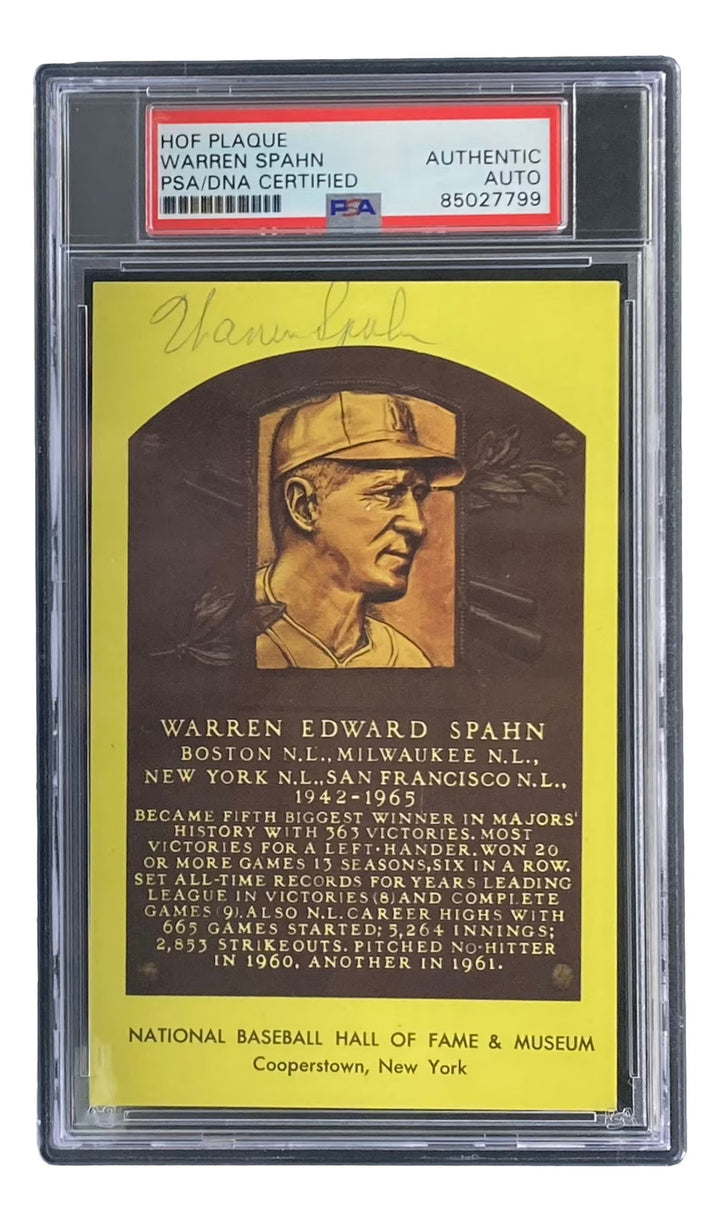 Warren Spahn Signed 4x6 Milwaukee Braves Hall Of Fame Plaque Card PSA/DNA