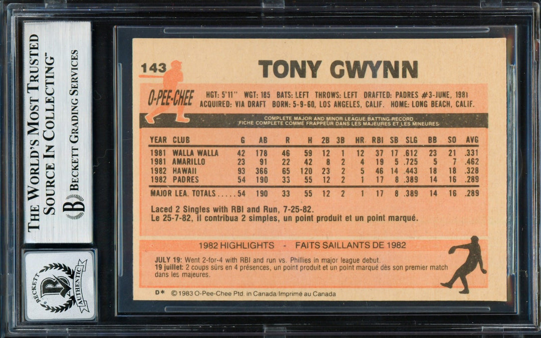 Tony Gwynn Signed 1983 O Pee Chee RC #143 Padres Sig GM 10 Card Beckett