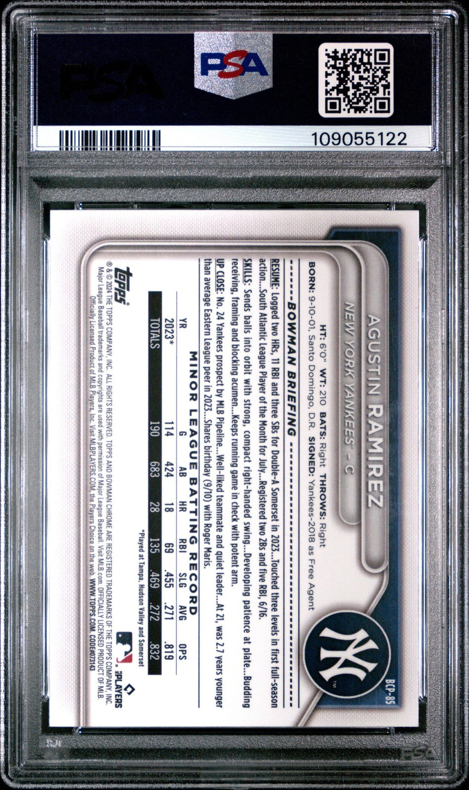 Graded 2024 Bowman Agustin Ramirez #BCP85 Chrome Prospects Card PSA 10