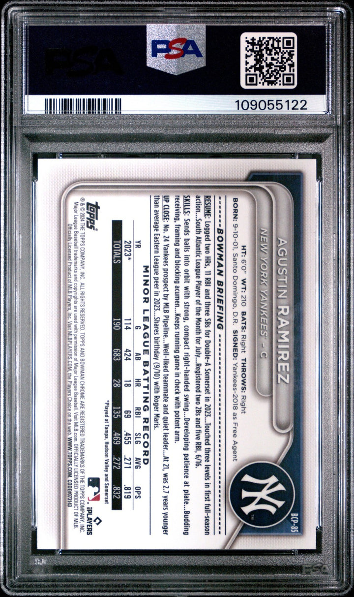 Graded 2024 Bowman Agustin Ramirez #BCP85 Chrome Prospects Card PSA 10