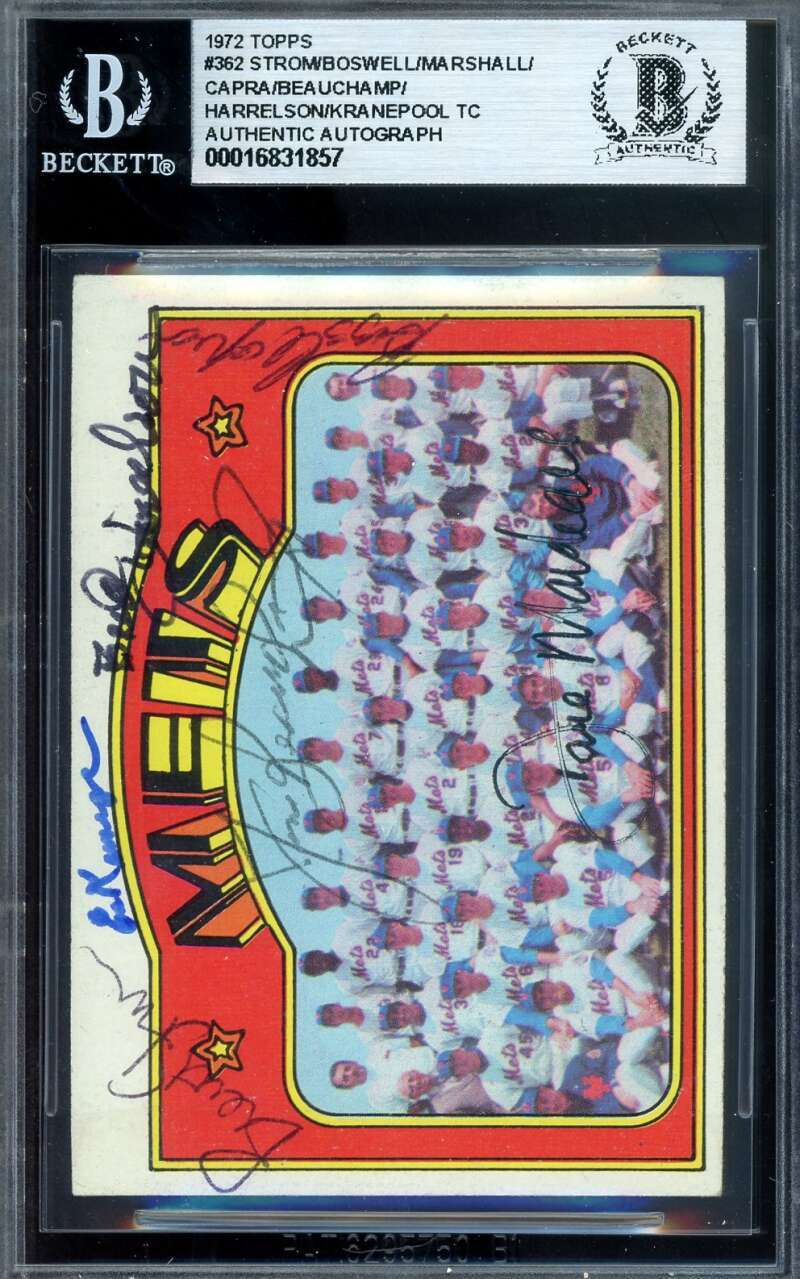 Strom Boswell Marshall Capra Beckett BAS Signed By 7 1972 Topps Mets Team Auto