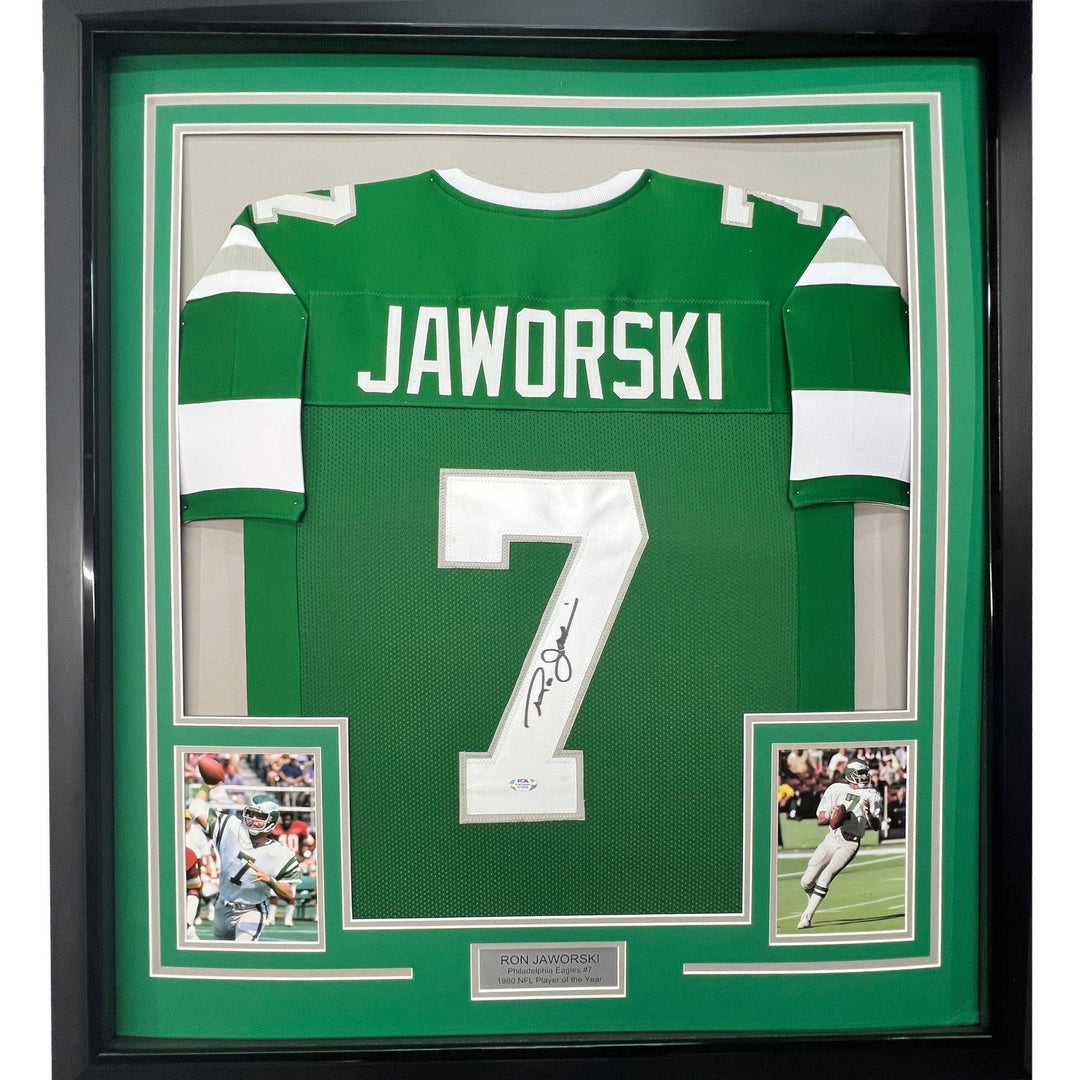 Framed Signed Ron Jaworski 35x39 Philadelphia Green Jersey JSA COA