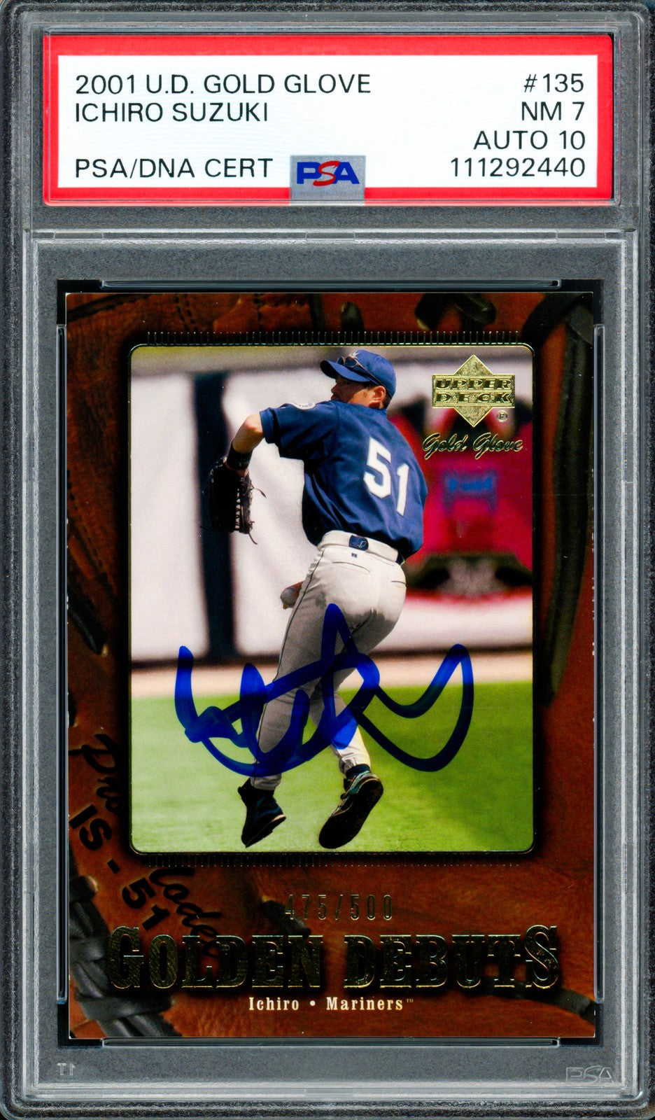 Ichiro Suzuki Auto 2001 Upper Deck Gold Glove RC 135 PSA 7 Sig 10 #/500 PSA/DNA