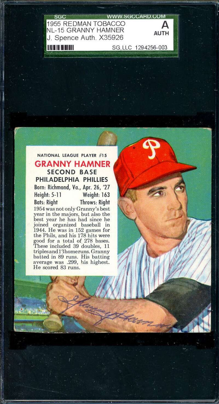 Granny Hamner JSA SGC Coa Signed 1955 Red Man Tobacco Autograph