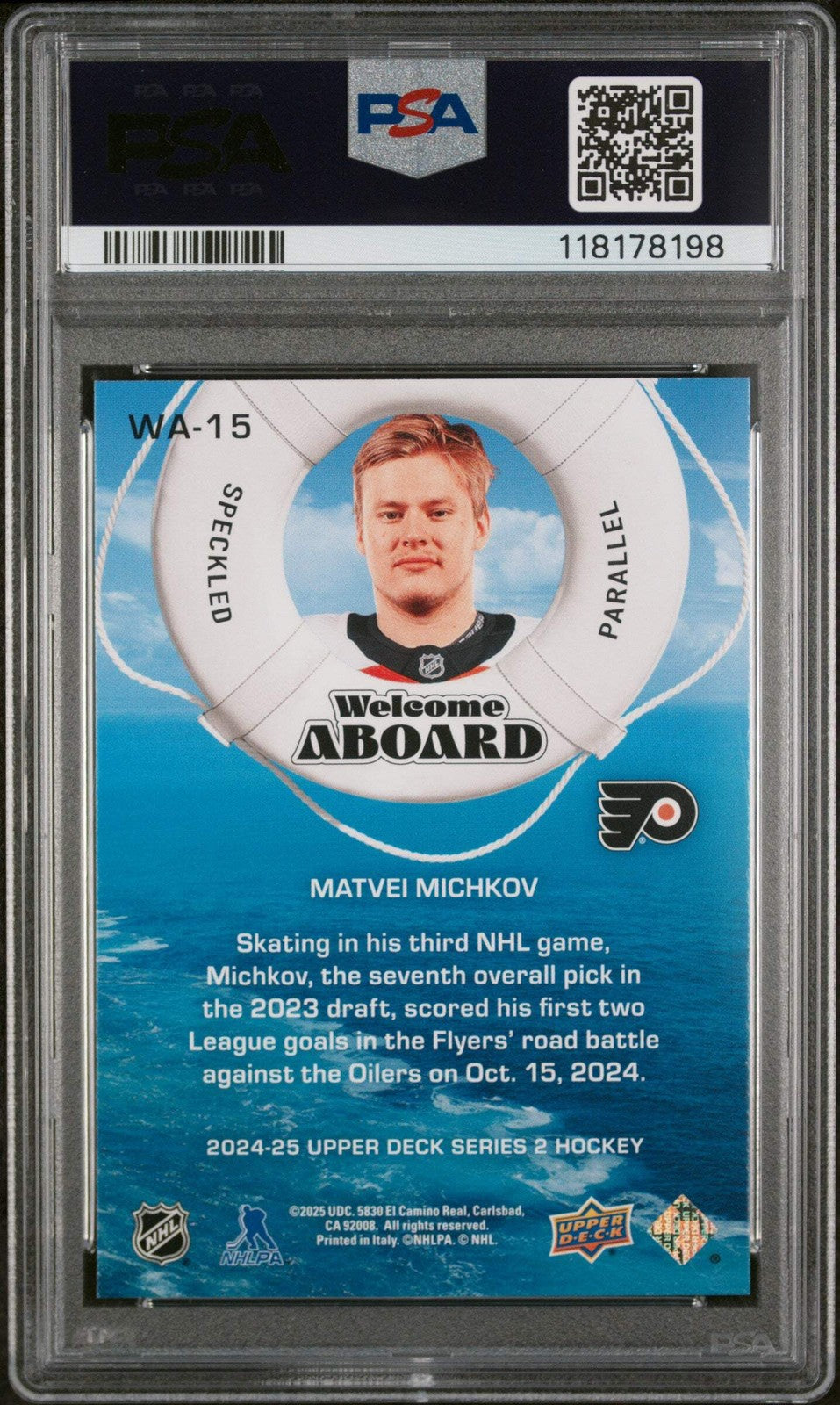 Graded 2024 UD Matvei Michkov #WA15 Welcome Aboard Speckle RC Hockey Card PSA 10