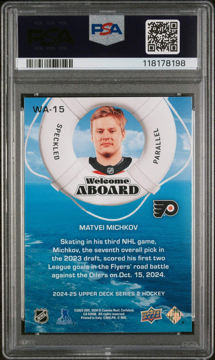 Graded 2024 UD Matvei Michkov #WA15 Welcome Aboard Speckle RC Hockey Card PSA 10
