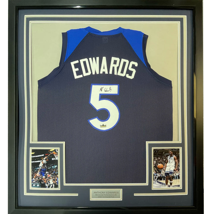Framed Facsimile Autographed Anthony Edwards 33x42 Blue Reprint Laser Jersey