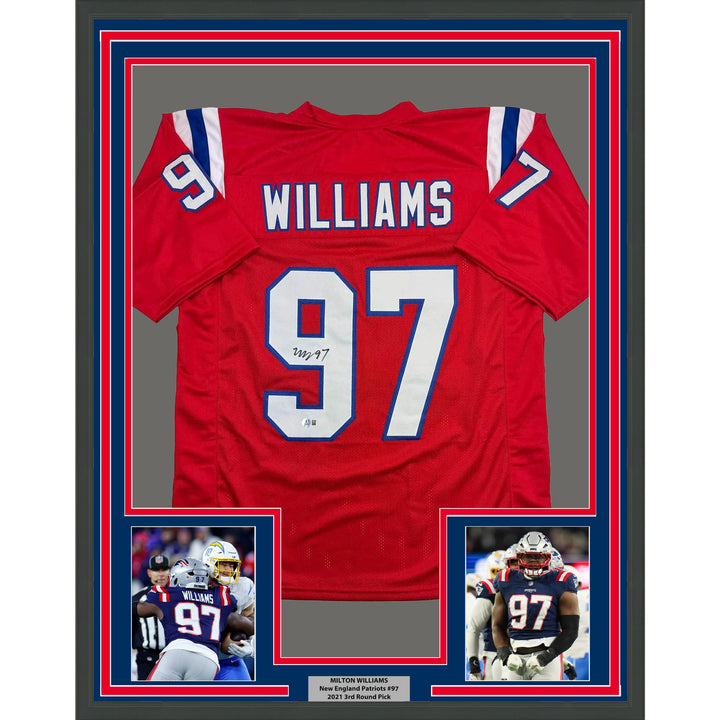 Framed Autographed/Signed Milton Williams 35x39 New England Red Jersey BAS COA