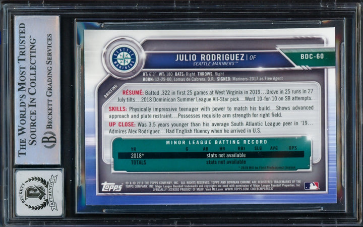 Julio Rodriguez Signed 2019 Bowman Chrome Draft RC BDC60 Mariners Sig 10 Beckett