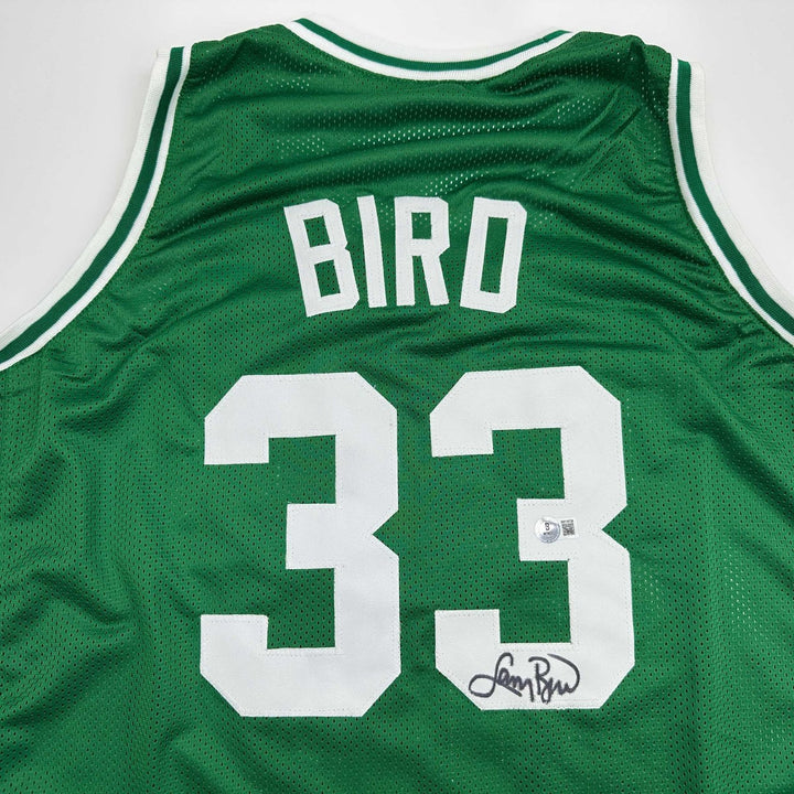 Autographed/Signed Larry Bird Boston Green Jersey Beckett BAS COA