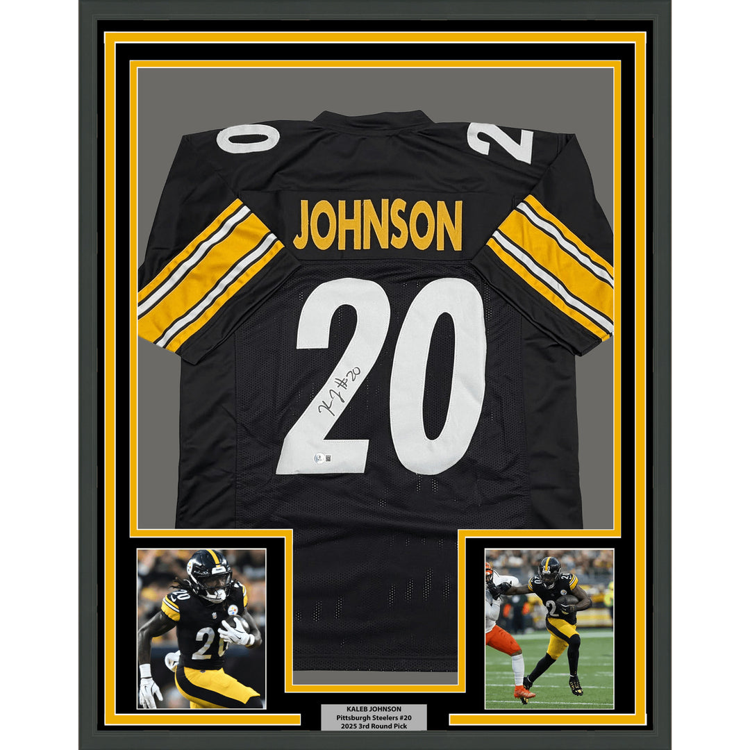Framed Autographed Kaleb Johnson Pittsburgh Black Football Jersey BAS COA