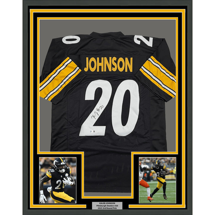 Framed Autographed Kaleb Johnson Pittsburgh Black Football Jersey BAS COA