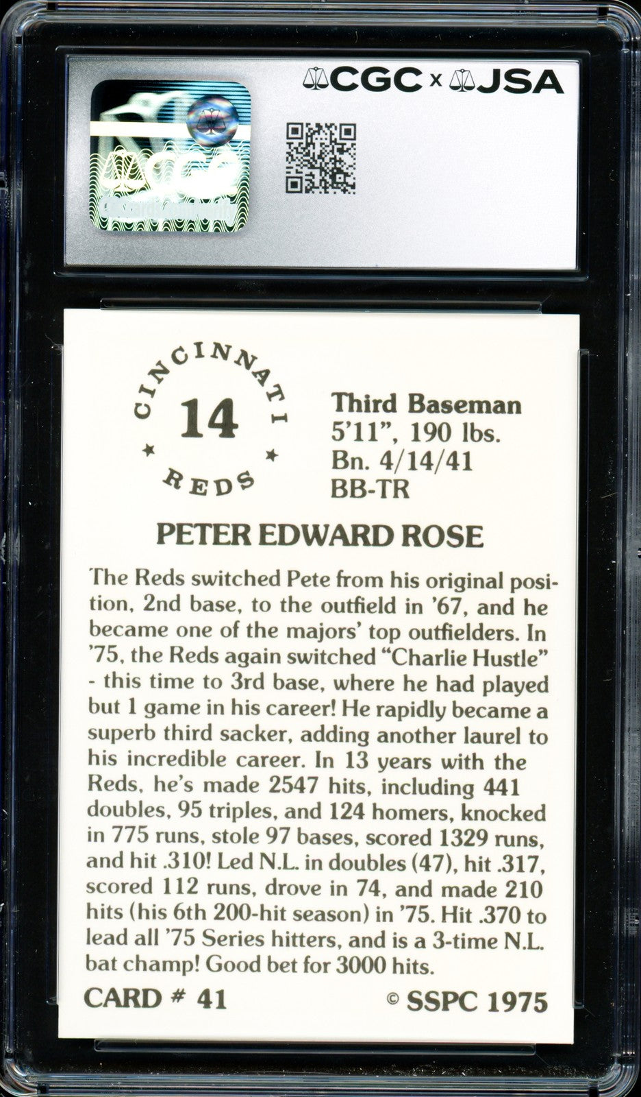 Pete Rose Signed 1976 SSPC Card 41 Cincinnati Reds Card 10 CGC x JSA