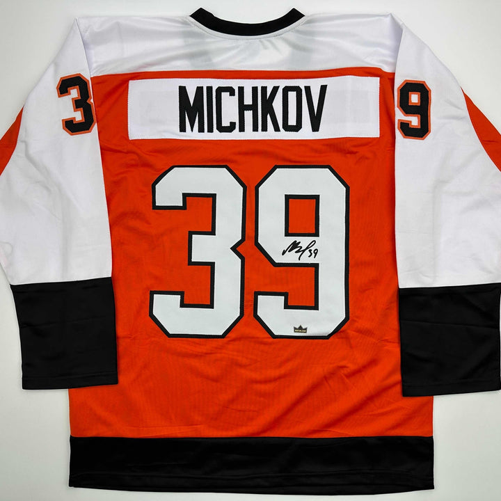 Facsimile Autographed Matvei Michkov Philadelphia Orange Reprint Jersey Size XL