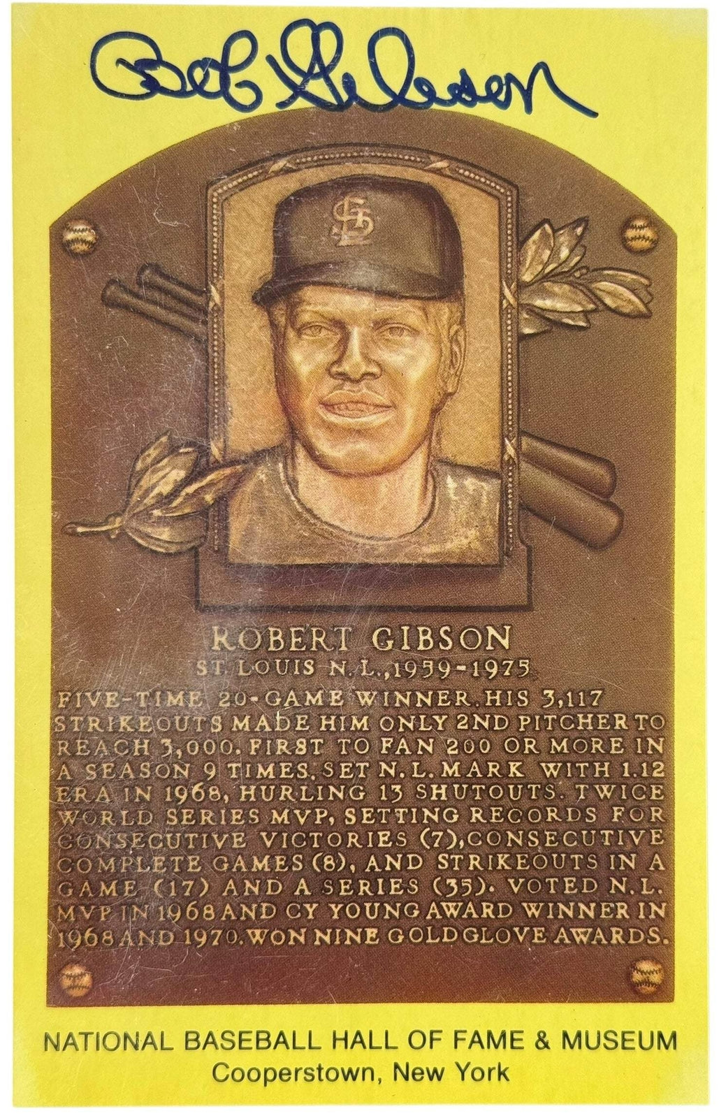 Bob Gibson Autographed Hall of Fame Plaque Postcard