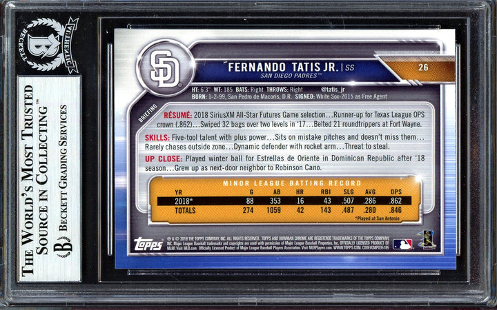 Fernando Tatis Jr. Signed 2019 Bowman Chrome RC 26 Padres Beckett #13609656