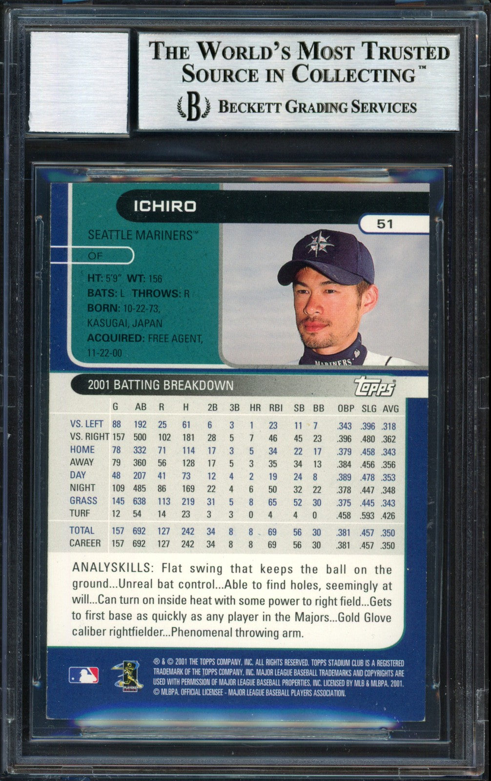 Ichiro Suzuki Signed 2002 Topps Stadium Club Card 51 Mariners Auto 10 Beckett