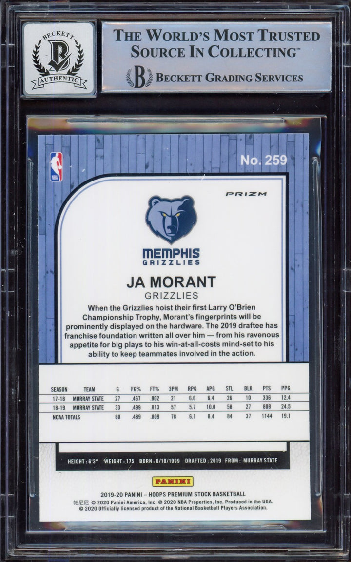 Ja Morant Signed 2019-20 Hoops Premium Stock Prizms Pulsar RC 259 Sig 10 Beckett