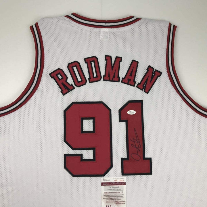 Autographed/Signed DENNIS RODMAN Chicago White Jersey JSA COA Auto