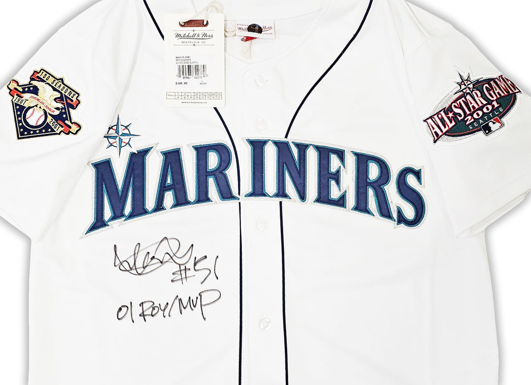 Mariners Ichiro Suzuki Auto White Mitchell Ness 2001 ASG Patch Jersey 44 ROY/MVP