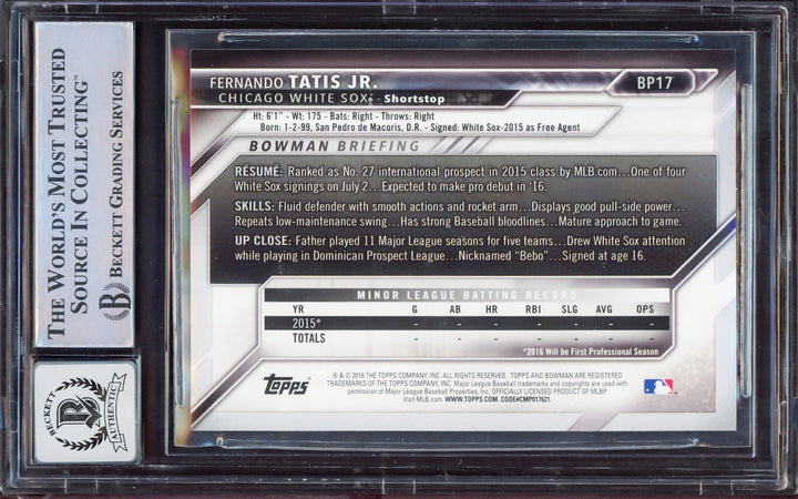 Fernando Tatis Jr. Signed 2016 Bowman Prospect RC #BP17 BGS 8.5 Auto 10