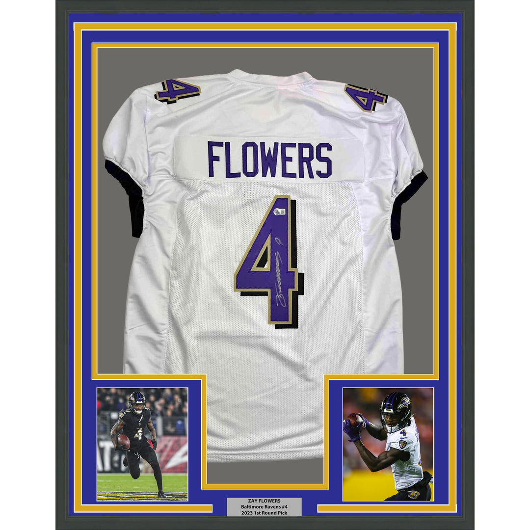 Framed Autographed/Signed Zay Flowers 35x39 Baltimore White Jersey Beckett COA