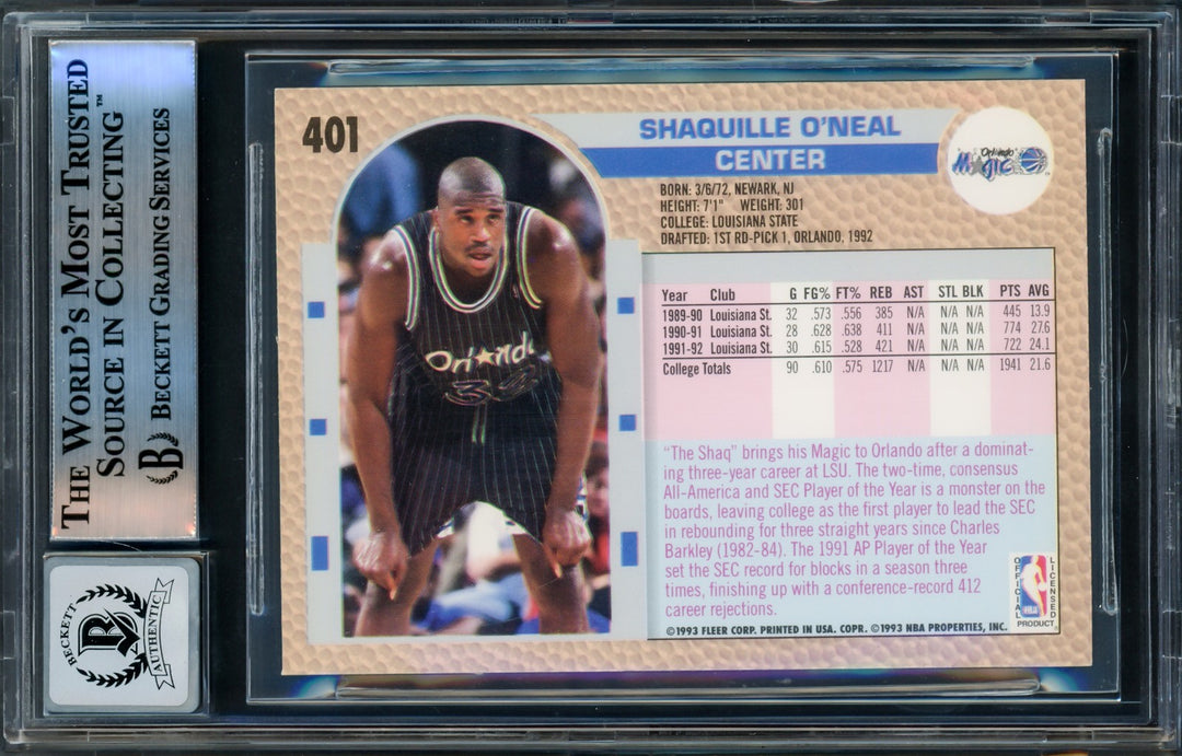 Shaquille Shaq O'Neal Signed 1992-93 Fleer RC 401 Magic Auto GM 10 Beckett